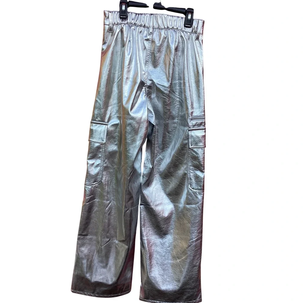 No Boundaries Metallic Silver Cargo Pants Wide Leg Faux Leather Festival S 4-6
